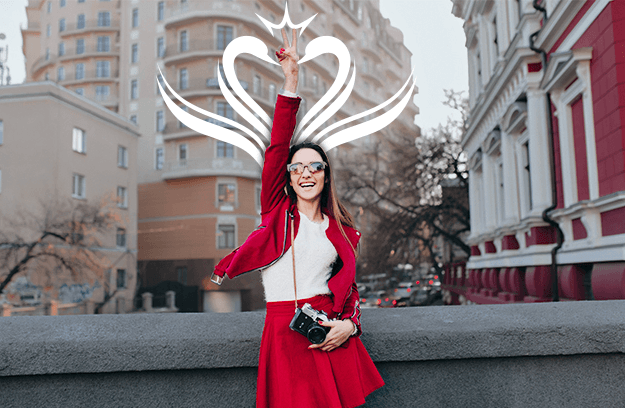 Tiffany Bleu lifestyle image with city backdrop and swan logo