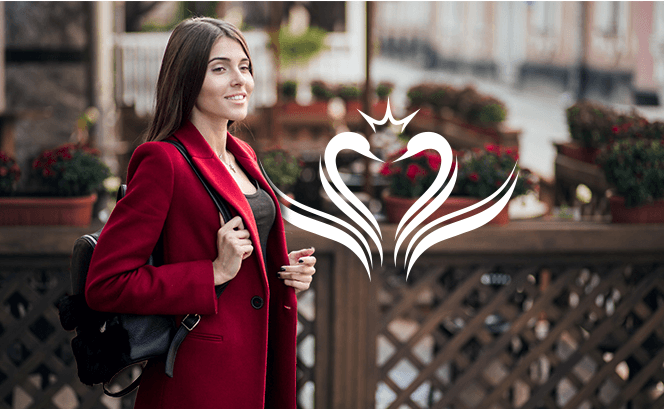 Tiffany Bleu lifestyle image with a red coat and swan logo
