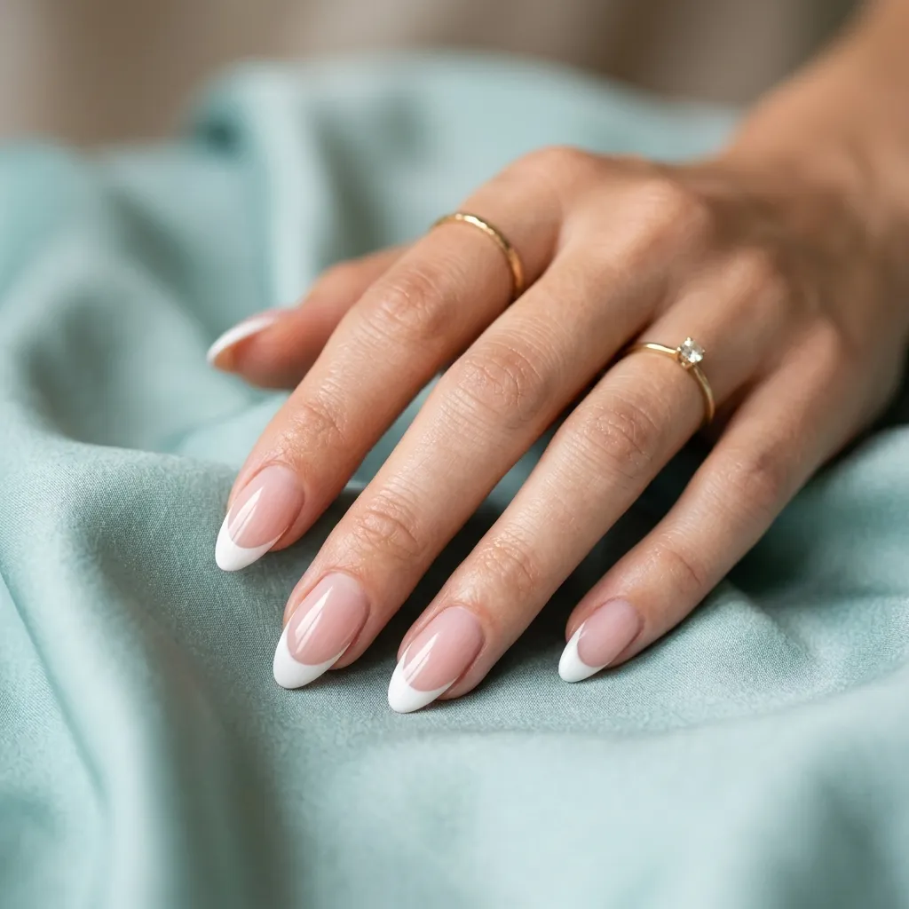 Elegant French tip gel nails on pale teal silk