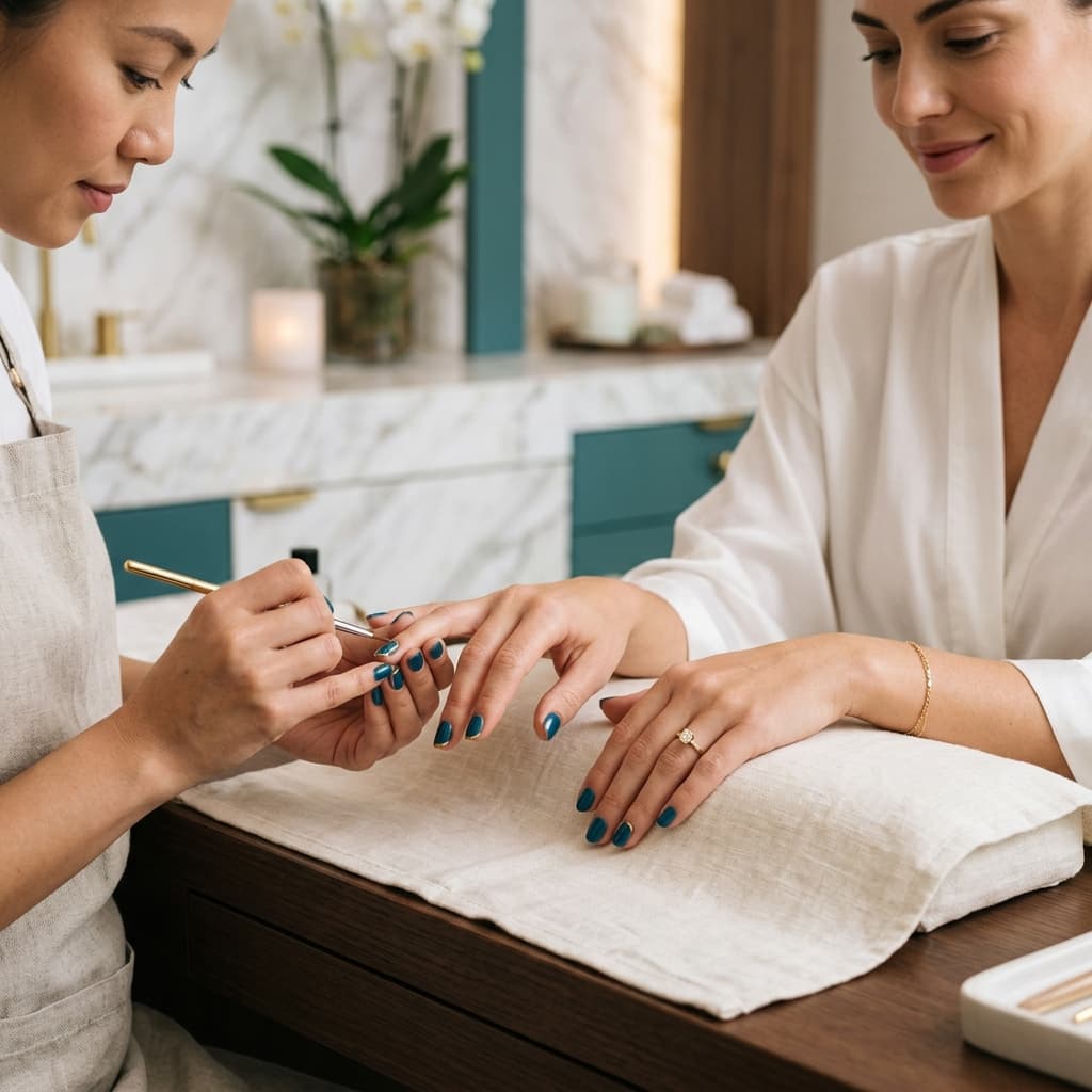 Tiffany Bleu manicure appointment with teal nail polish